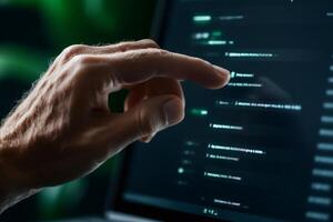 Programmer pointing at lines of code on computer screen in dark room photo