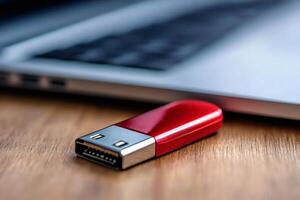 Red usb flash drive lying on wooden desk next to laptop computer photo