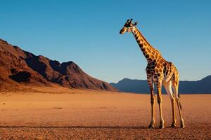 Giraffe standing in the desert of namibia at sunset with mountains in the background photo