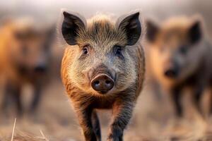 Wild boar piglet walking towards camera with family in background photo