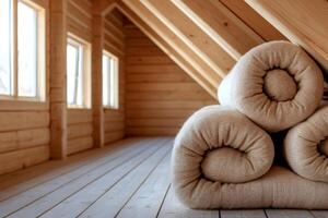 Rolled mineral wool insulation in wooden attic room with windows photo