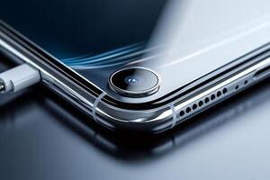 Modern smartphone charging on wireless pad, close up of camera and charging port photo