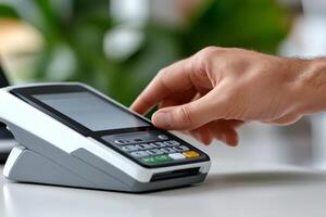 Customer paying with contactless nfc technology on pos terminal photo