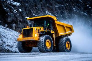 Huge mining truck working in open pit mine in winter conditions photo