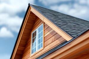 Wooden house roof with asphalt shingles and window on sunny day photo