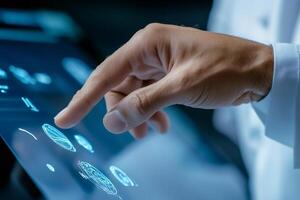 Doctor using futuristic transparent touchscreen displaying medical data and brain scans photo