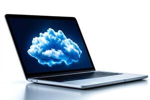 Cloud computing concept, laptop showing cloud on screen on white background photo