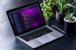 Modern laptop displaying code in home office setting with plants photo