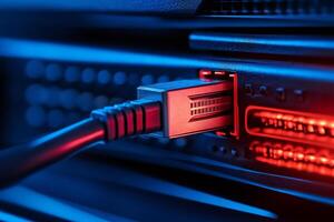 Network cable plugging into modem router with red and blue lights photo