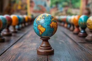 Globes showing world map standing on wooden table photo