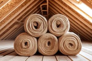 Rolls of natural fiber insulation material preparing for installation in the attic of a building photo