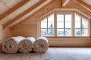 Rolled up mattresses resting on attic floor by window overlooking winter landscape photo