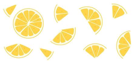Bright yellow lemon slices scattered across a white background. vector