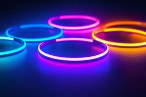 Colorful neon lights creating vivid circles on dark background photo