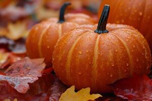 Wet pumpkins resting on colorful autumn leaves photo