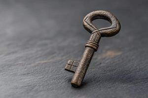 Old key resting on dark stone surface symbolizing history and mystery photo