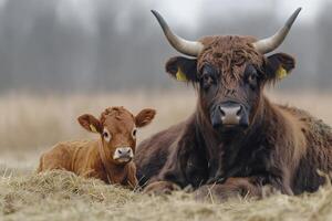 Highland cattle cow resting with calf in field of dry grass photo