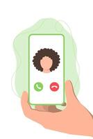 Person receiving a call on a smartphone with a green background vector