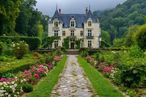 Cobblestone path leading to french chateau with blooming flower garden photo