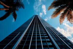 Modern skyscraper towering over palm trees under blue sky photo