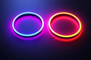 Two glowing neon circles creating vibrant light trails on dark background photo