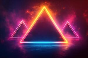 Glowing neon triangles creating futuristic atmosphere on dark background photo