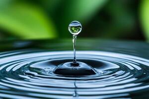 Water drop splashing and creating ripples with green background photo