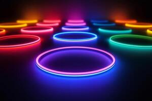 Glowing neon circles creating a vibrant and colorful pattern on a dark background photo