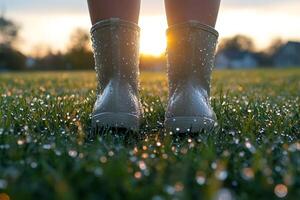 Rubber boots on wet grass during golden hour sunset photo