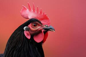 Black rooster showing its red comb and wattle on red background photo
