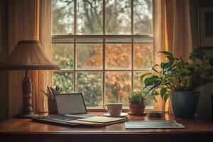 Cozy home office desk by window with autumn view photo