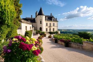 French chateau with vineyard and colorful flowers blooming in summer photo