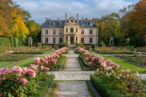 Gravel path leading to pink chateau through rose garden in autumn photo