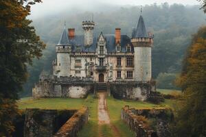 Medieval castle surrounded by fog in autumn forest photo