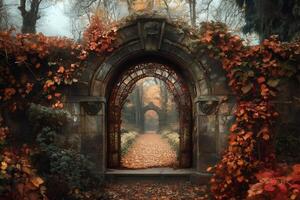 Old stone gate opening onto a path covered with autumn leaves in a park photo