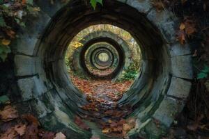 Circular concrete pipes creating a tunnel in autumn forest photo