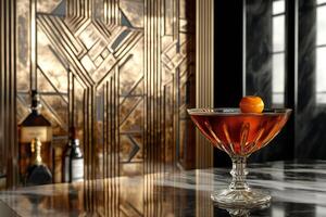 Elegant crystal glass with a cocktail and cherry, resting on a marble bar countertop in front of a gold art deco backdrop photo