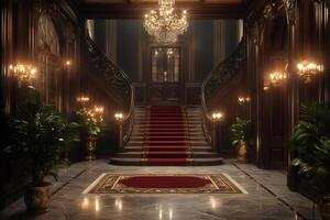 Luxurious mansion interior with grand staircase and crystal chandelier illuminating red carpet photo