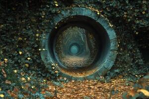 Concrete pipe covered by ivy creating a tunnel in a forest during autumn photo