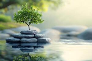 Small bonsai tree growing on stacked rocks in a pond photo