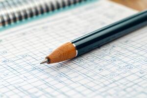 Elegant pen lying on a handwritten spreadsheet with spiral bound notebook in background photo
