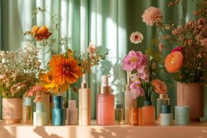 Beauty products displayed with fresh flowers creating a serene atmosphere photo