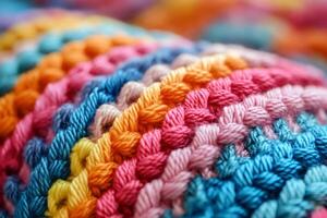Colorful woolen knitted fabric creating a textured and vibrant surface photo