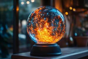 Plasma ball lighting up with electric sparks in blurred background photo