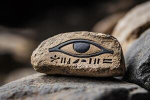 Eye of horus carved on stone resting on rocks representing ancient egyptian civilization photo