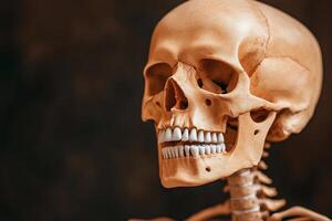 Human skull showing teeth and cervical vertebrae on dark background photo