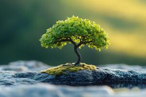 Small bonsai tree growing on mossy rock in peaceful setting photo