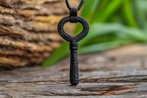 Medieval key pendant resting on wooden surface with green background photo