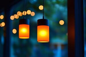Two orange hanging lamps illuminating a blurred background photo