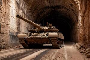 Powerful military tank exiting a dark tunnel in a desert environment photo